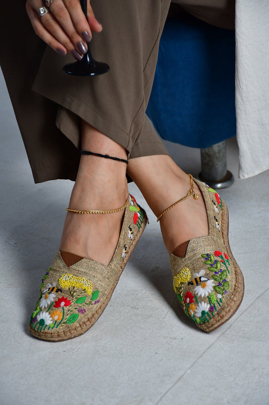 Brown Blossom Jute Canvas Shoes