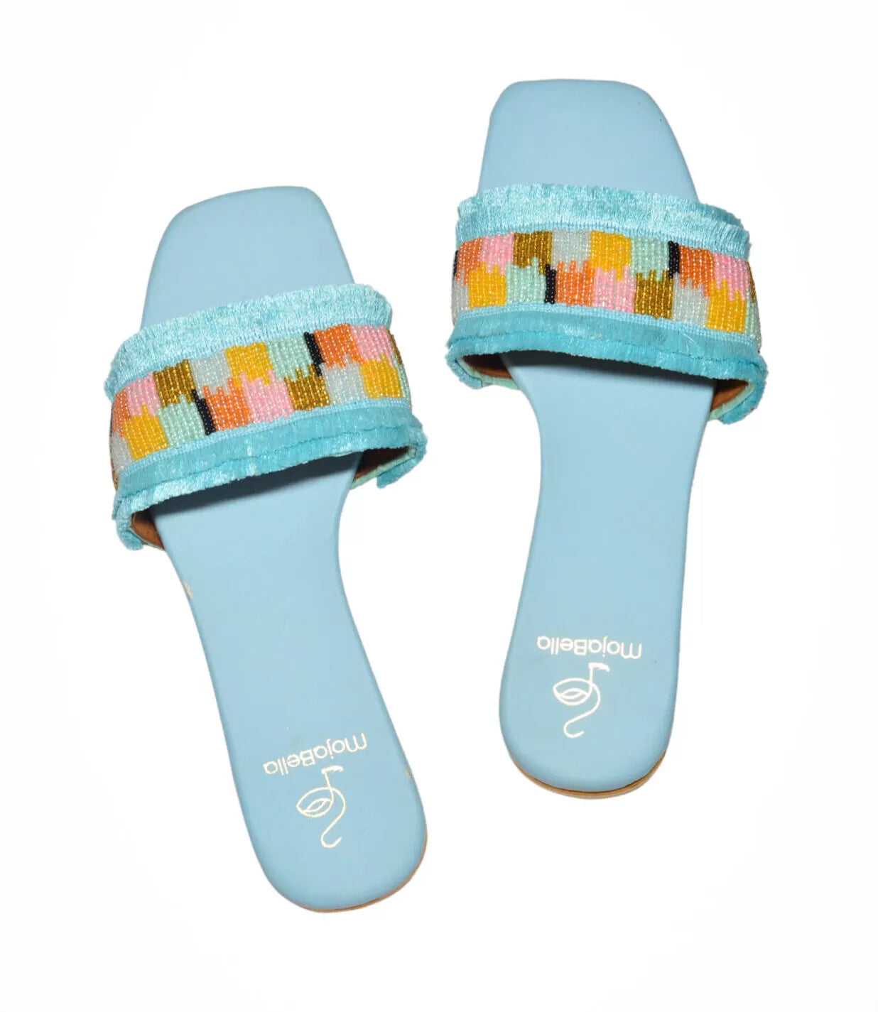 blue flip flops with frills 