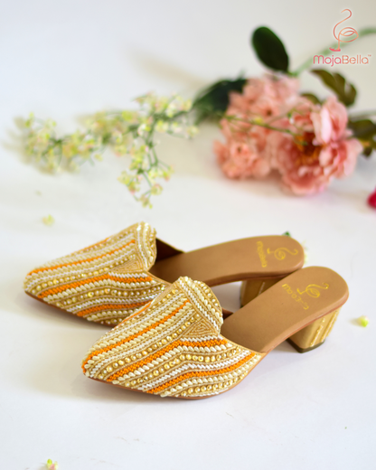 Orange Gold Gul Block Heel Mules