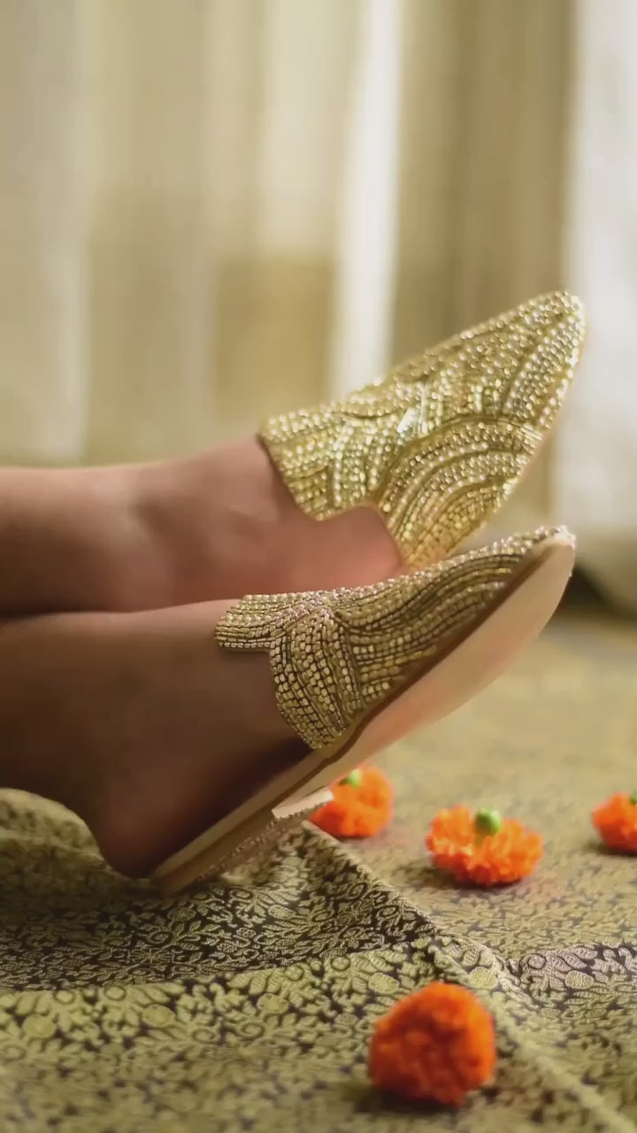 flat decorated golden mules 